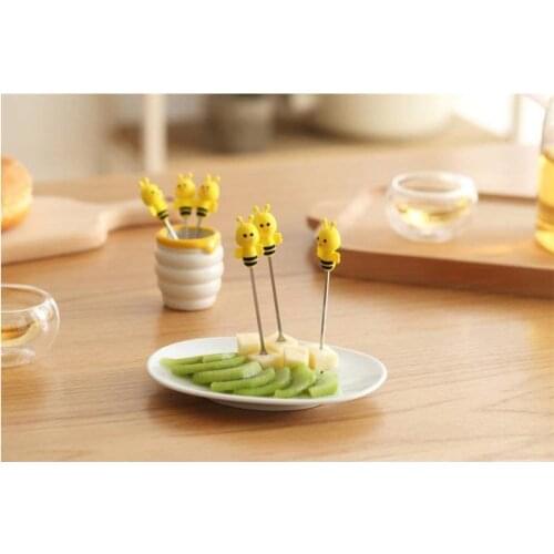 6 Pcs for Home Cute Cartoon Salad Forks Mini Dessert Fruit Forks Holder Stainless Steel with A Holder Silicone Handle Fork bee