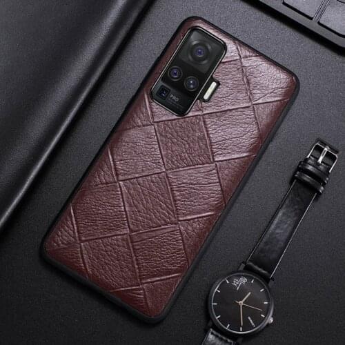 Genuine Leather Phone Case For VIVO X50 X30 X27 Pro X23 Nex 3 iQOO Luxury Natural Cowhide Back Cover Rhombus Texture Funda Capa