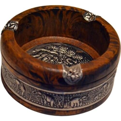 Round Wooden Cigarette Ashtray Vintage Ash Tray Case Elephant Pattern Table Decoration For Home Office Ashtray Ash Trays