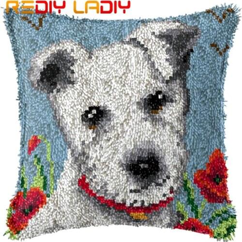 Latch Hook Cushion Dog with Poppies Pillow Case Printed Color Canvas Acrylic Yarn Latched Hook Pillow Crochet Cushion Cover Kits
