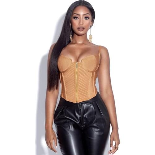 High Quality 2021 Summer New Womens Bodycon Bandage Short Top Sexy Sleeveless Spaghetti Strap Backless Front Zipper Party Top