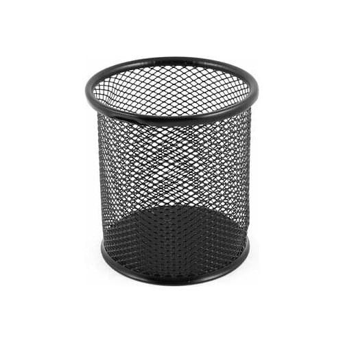 Metallic Mesh Cylinder Shaped Stationery Pen Holder Box Container Black