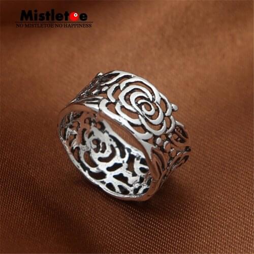 Genuine 100% 925 Sterling Silver Vintage Punk Openwork Rose Flower Ring For Women Men Fashion Jewelry