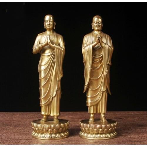 A Pair 2P HOME temple altar Buddhism Sakyamuni Amitabha Buddha disciple Left and right ANAN KAYE Dharma protector brass statue