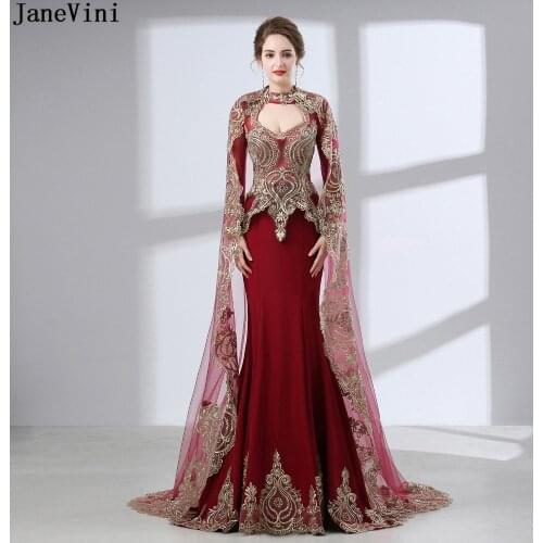 JaneVini Arabic Burgundy Mother of The Bride Dresses with Detachable Cape Gold Lace Appliques Beaded Tulle Mermaid Evening Gowns