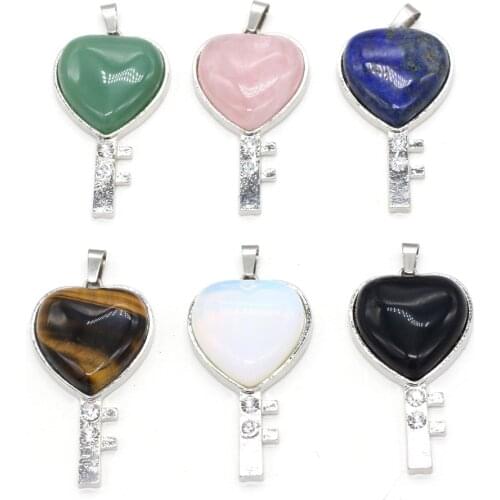 Natural stone Pendant Amethysts Metal Alloy key Heart Shape Exquisite charms For jewelry making DIY Necklace accessories 25x50mm