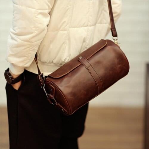 Retro Bucket Mens bag Crazy Horse PU Leather Shoulder bags Hot Sale Vintage Brown Cylinder Male Travel Messenger Crossbody bag