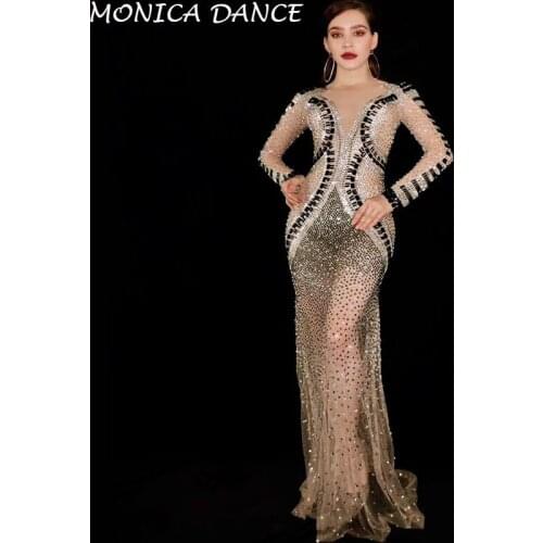 Sexy Stage See Through Silver Black Rhinestones Dress Bar Birthday Celebrate Dress Prom Dance Mesh Outfit Women Singer Dresses