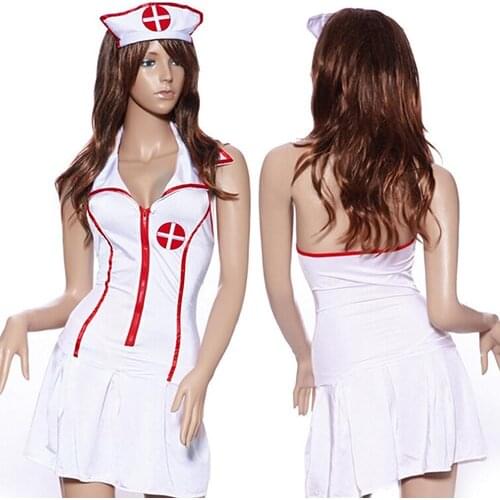 Women\s Sexy Role Play Nurse Uniform V-Neck Dress G-String Hat Costume Outfit