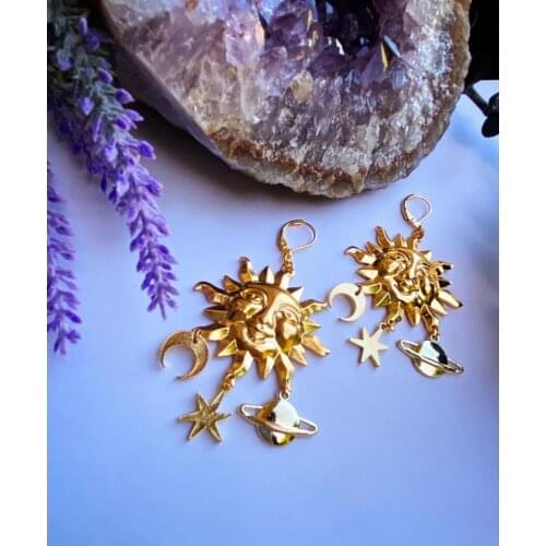Gold Sun with Moons Stars and Saturn Planet Dangle Earrings Celestial Goddess Gypsy Boho Bohemian