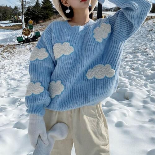 Womens Cozy Clouds Sweater Cute Cartoon Long Sleeve Crew Neck Pullover Jumper Fall Winter Knit Tops