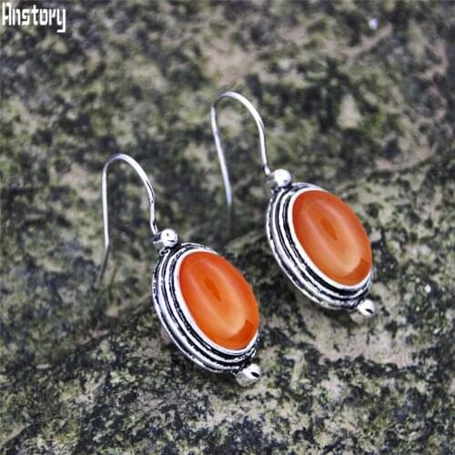 Vintage Pendant Natural Agate Earrings For Women Real Silver Plated Natural Stone Tiger Eye Quartz Earring