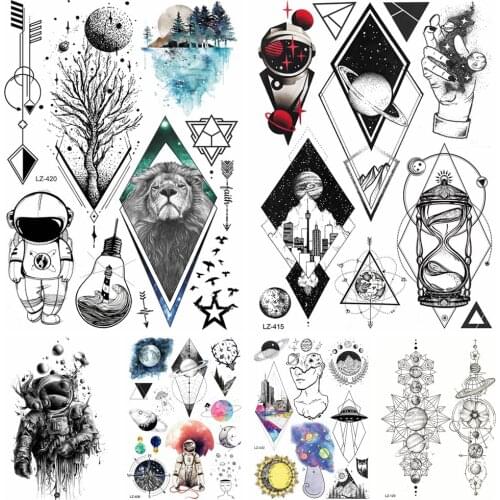 3D Tree Lion Geometric Moon Planet Temporary Tattoos For Kids Women Men Fake Tattoos Sticker Arrow Sandglass Desgin Tatoos Paper
