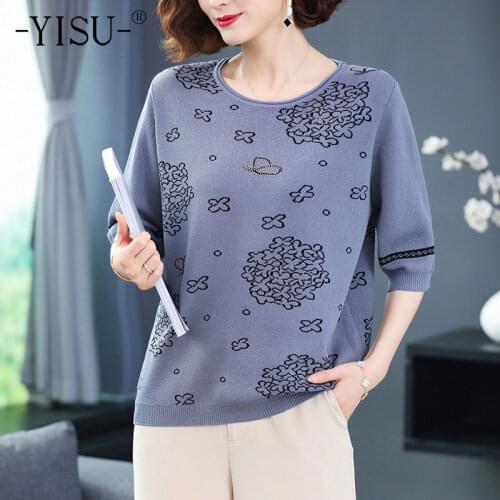 YISU Summer New Woman clothing Loose Sweater O-Neck Middle sleeve Printing Jumper Female Thin Casual Knitted Pullover