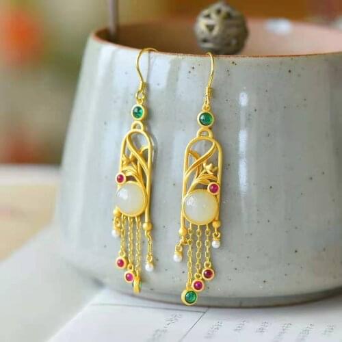 New natural Hetian white magnolia fringe inlaid zircon Chinese style earrings exquisite and elegant ladies silver jewelry