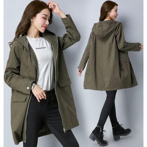 Spring 2020 Trench Coat Women Long Large Size Hooded Pocket Stitching Zipper Loose Cotton Windbreaker Straight Overcoat Z962