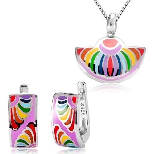 Colorful Rainbow Flowers Purple Luxury Necklace Earrings for Women 925 Sterling Silver Jewelry Sets Female Fashion Enamel
