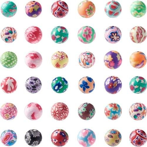 Pandahall 200pcs/lot Approx 10mm Round Flower Floral Printing Mixed Color Handmade Polymer Clay Beads hole: 2mm for DIY Jewelry
