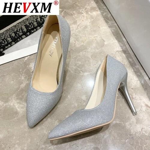 2021 French Style Sexy Shiny Sequin Women High Heels 2020 Pointed Toe V Mouth Ladies Pumps Party Wedding Bridesmaid Shoes 34-43