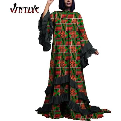African Lady Dashiki Dress Traditional Print Dresses African Bazin Tribal Dress With Falbala Long sleeve WY5357