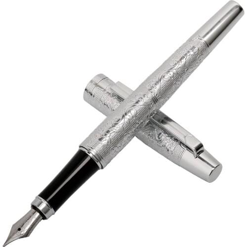 HERO R03 luxury embossed flower silver fountain pen bright medium nib Office gift pen
