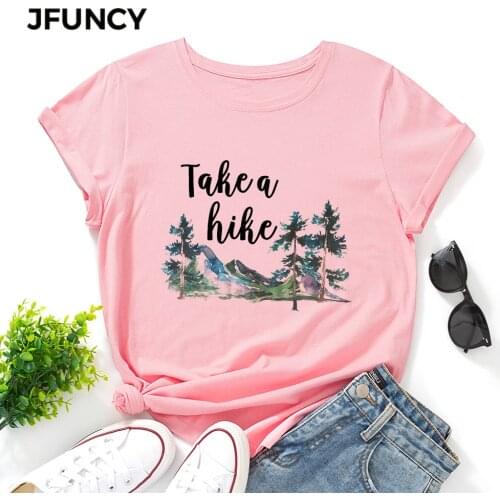 JFUNCY Plus Size Women T-shirt Female Short Sleeve Tshirt Letter Print Take A Hike Tops Woman Loose Shirts Summer Cotton Clothes