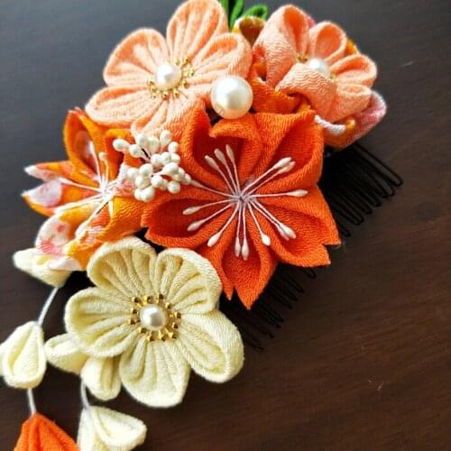 Antiquity Kimono Geisha Yukata Hair Comb Hanfu Headdress Tsumami zaiku Sakura Tassel Hairpin Handwork Hair Accessories Cosplay