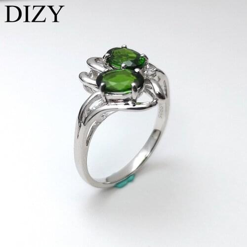 DIZY 2 Stones Ring Russian Green Chrome Diopside Oval 7x5mm 925 Sterling Silver Gemstone Ring for Girl Gift Engagement Jewelry
