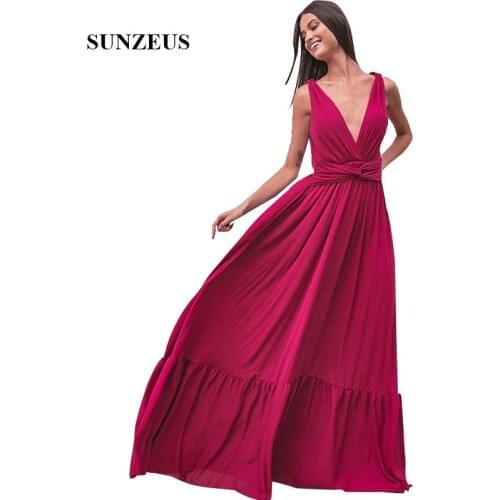Red Chiffon Bridesmaids Dresses For Wedding A-line V-neck Simple Long Party Gowns vestidos dama de honor boda