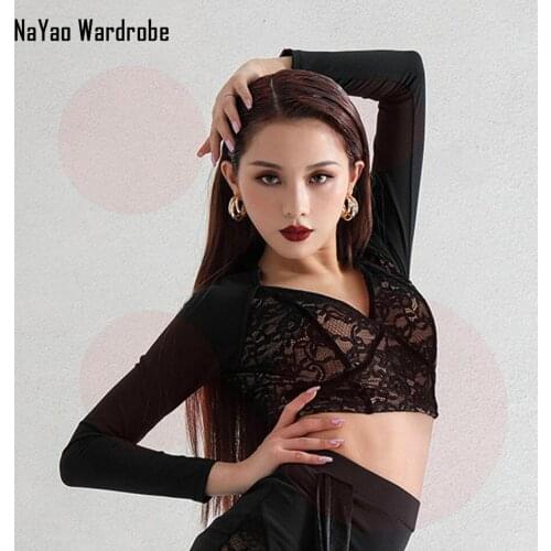 Lace V Neck Sexy Long Sleeve Latin Dance Dress Women Tees Latin Dance Tops for Ballroom Tango Chacha Dancing Performamnce L1150