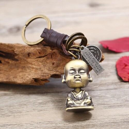 Monk Buddha Keychain Men Women Vintage Buddha Pattern Jewelry Pendant Key Holder With Hand-Woven Rope Gift For Bag Car Accessory