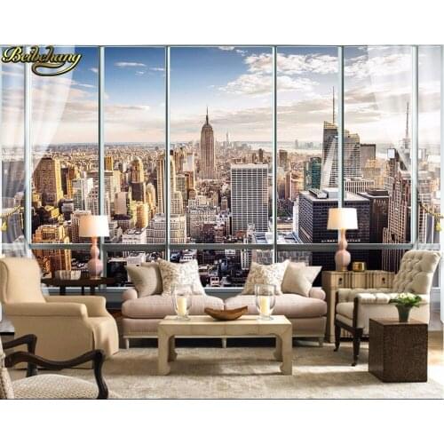 Beibehang Wallpaper 3D Stereo Large Murals Modern False windows living sofa bed bedroom New York flash silver cloth wallpaper