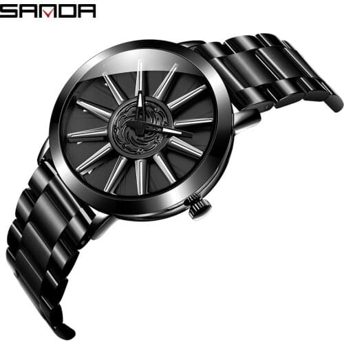 Sanda Hot Sell Fashion Cool Men Watch Creative Wheel Shape Rotating Dial Steel Band Quartz Movement Gift Relogio Masculino 1032