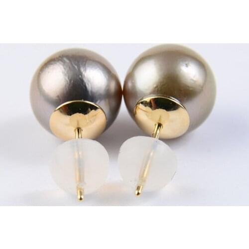 Free Shipping 9-10MM Natural Color Genuine Tahitian Pearl Ear Stud Earrings 9K Solid Yellow Gold
