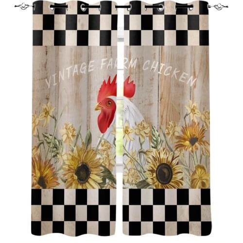 Plaid Sunflower Wood Grain Retro Farm Rooster Blackout Curtains For Kitchen Bedroom Kids Room Window Curtains for Living Room