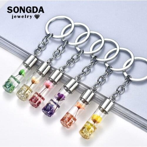 SONGDA Unique Bohemian Dried Flower Keychain Colorful Sequins Resin Water Stereoscopic Bottle Charm Key Chain Car Bag Ornaments