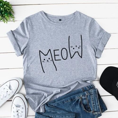 Cotton 100% Women T Shirt Summer Short Sleeve Casual Oversized Cat Letter Printed Female Fashion Graphic T-shirt Ladies Tee Tops