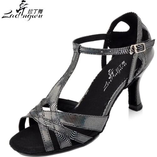 Ladingwu New Discolored texture PU Womens Latin Dance Shoes Salsa Black Soft Bottom Balltoom Dance Sandals Heel 6/77.5/8.5/10cm