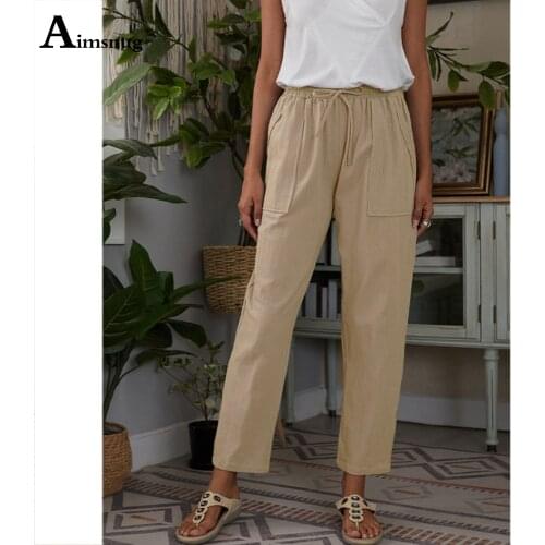 Plus size 4xl 5xl Women Cotton Linen Pants 2021 Summer Trousers Khaki Casual Drawstring Loose Pantalon Female Ankle-Length Pants