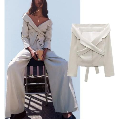 2021 ZA Fitted Blazers Women Fashion Lapel Long Sleeve Off Shoulder Summer Blazer Casual Side Ruching Button Female Blazer Mujer