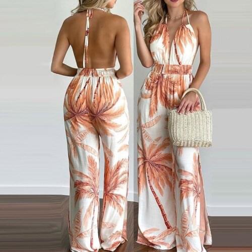 Womens Sexy Beach Jumpsuit Summer V-Neck Open Back Sleeveless Print Split Floral Print One Piece Clothing
