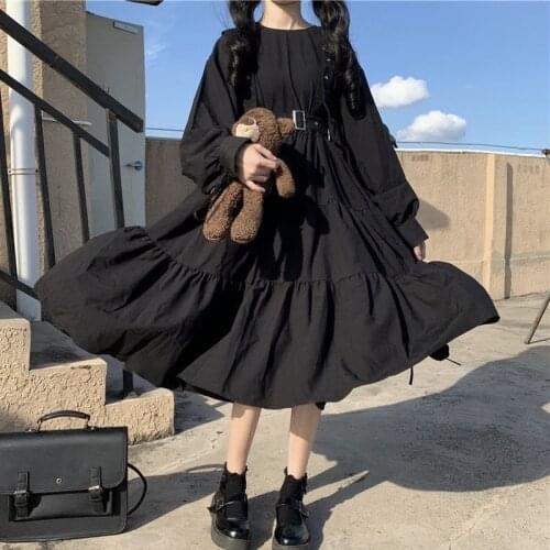 QWEEK Gothic Lolita Women Dress Punk Japanese Harajuku Kawaii Dress Mall Goth Black Midi Long Sleeve Suspenders Bandage