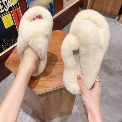 Winter Women House Furry Slippers Fashion Faux Fur Warm Shoes Women Slip on Flats Female Home Slides Black Plush Indoor Outdoor