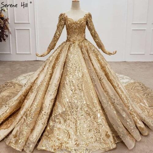Gold Luxury Long Sleeves Plus Size Wedding Dress 2020 Dubai Beading Sequins O-Neck High-end Bridal Dress BHX0130 Couture Dress