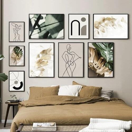 Abstract Line Body Golden Leaf Monstera Wall Art Canvas Painting Nordic Posters And Prints Wall Pictures For Living Room Decor
