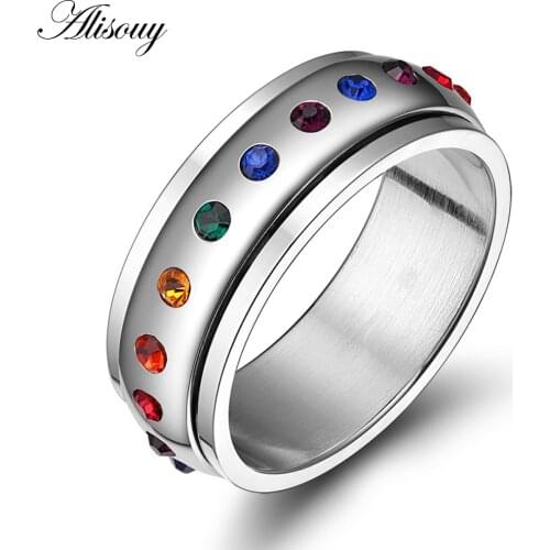 Alisouy 1 piece Stainless Steel Ring Fashion Rotating Spinner Ring For Men Women With Rainbow Crystal Multicolor Rhinestone