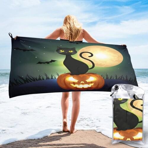 Bath Towel Black Cat Pumpkin Dark Night Quick Dry Towel Thin Absorbent Soft Towel for Home Travel Camping Swimming Beach Sport