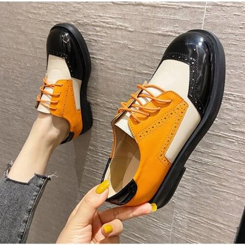 Brand New Women Leather Casual Shoes Spring Girl British style Retro Style Lace-Up Fashion Colors Brogue Flat Shoes
