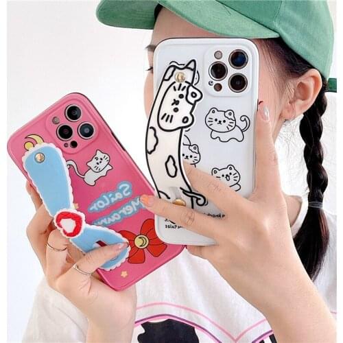 Cute Cat Cell Phone Case With Hand Band Holder Wristband For IPhone 11 12 Pro Max Mini X XS XR XSMAX 8 7 Plus Protection Cover