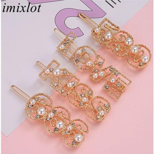 Imixlot Newest Sweet Fashion English Letter KISS LOVE Imitation Pearl Hair Clip for Women Girls Metal Hairpin Hair Barrette